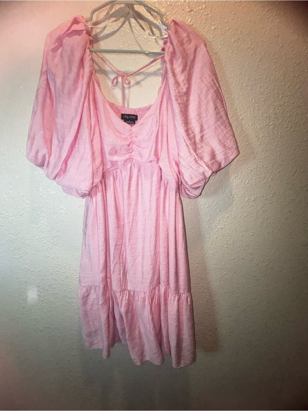 City Chic Pastel Pink Puff-Sleeve Tiered Mini Dress